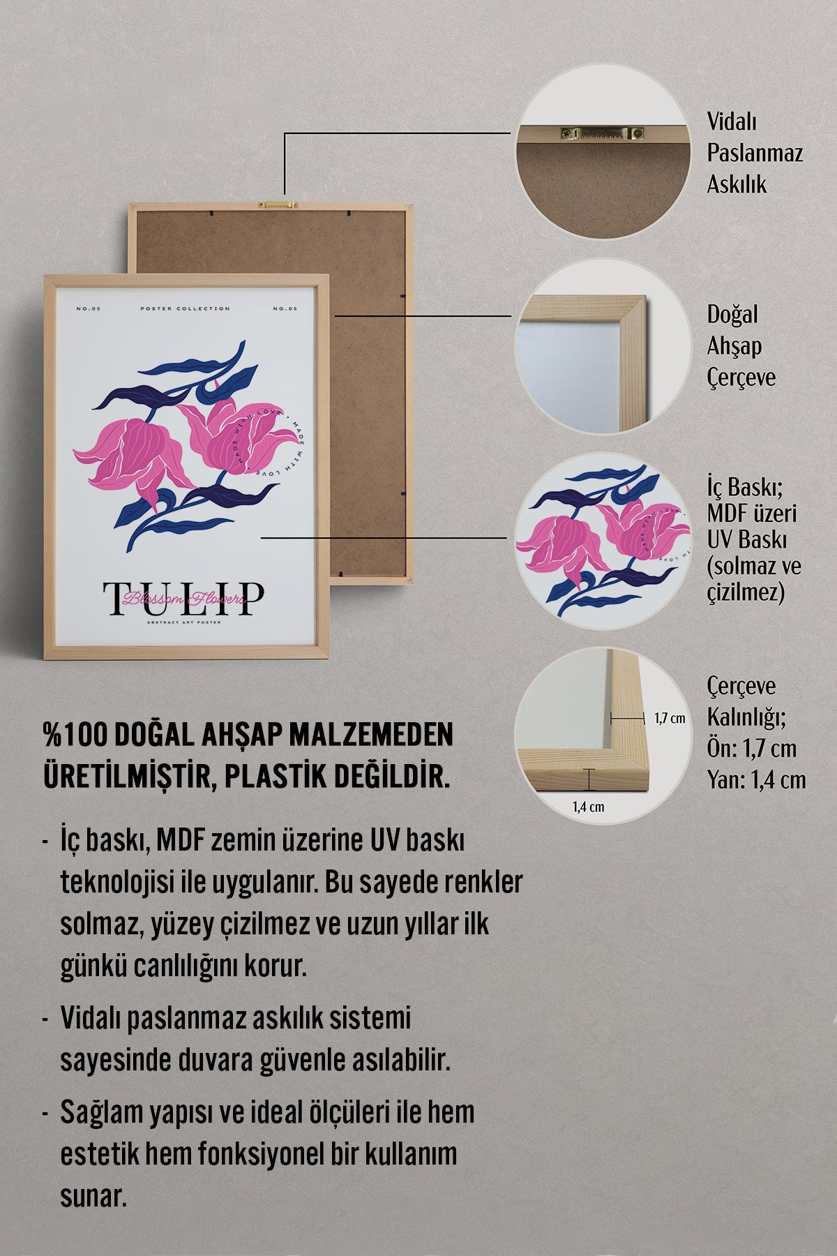 HOMEPACK Ahşap Çerçeveli Tablo Çerçeveli Poster Sanatsal Modern Duvar Dekoru BLOSSOM-18