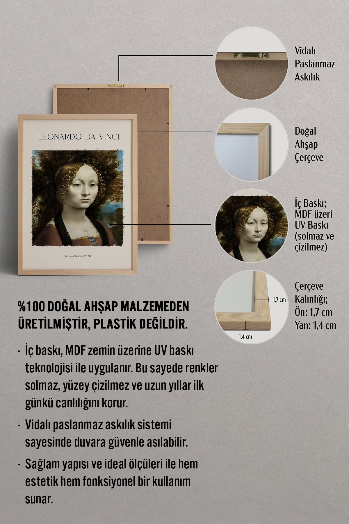 HOMEPACK Ahşap Çerçeveli Tablo Çerçeveli Poster Sanatsal Modern Duvar Dekoru DAVINCI-03
