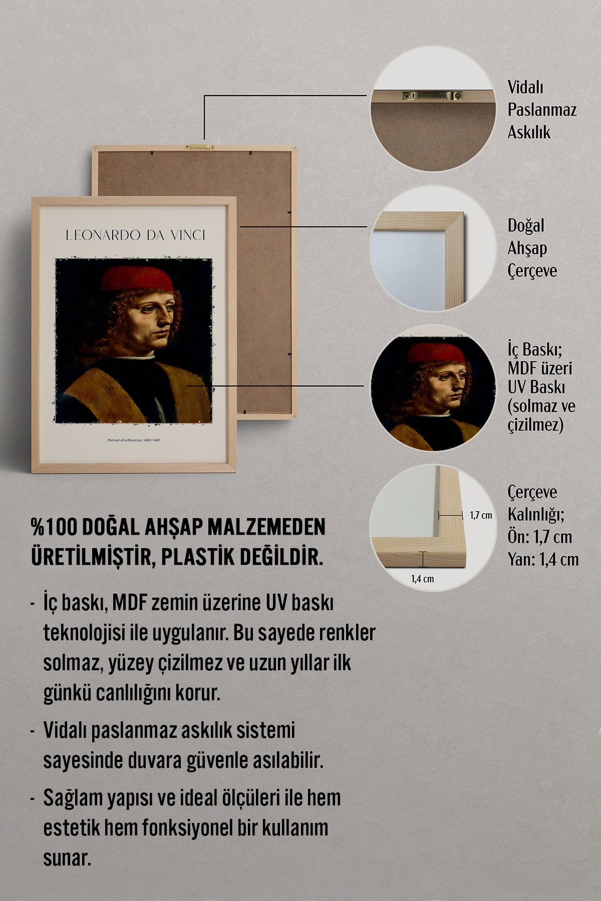 HOMEPACK Ahşap Çerçeveli Tablo Çerçeveli Poster Sanatsal Modern Duvar Dekoru DAVINCI-04