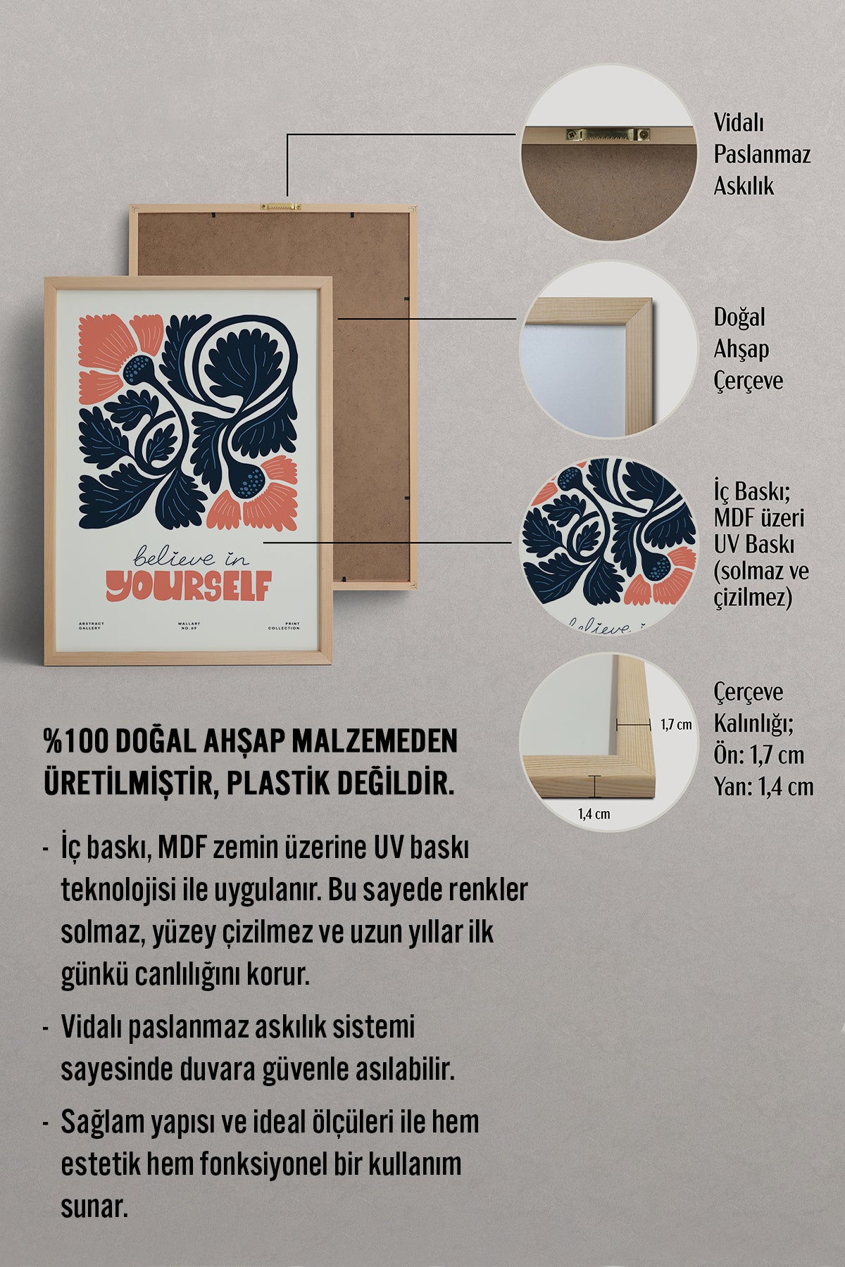 HOMEPACK Ahşap Çerçeveli Tablo Çerçeveli Poster Sanatsal Modern Duvar Dekoru FLOWER-108