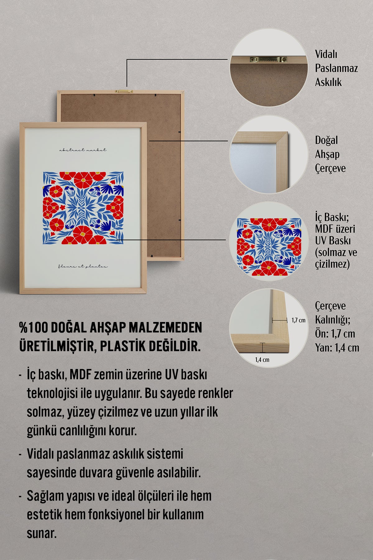 HOMEPACK Ahşap Çerçeveli Tablo Çerçeveli Poster Sanatsal Modern Duvar Dekoru FLOWER-172