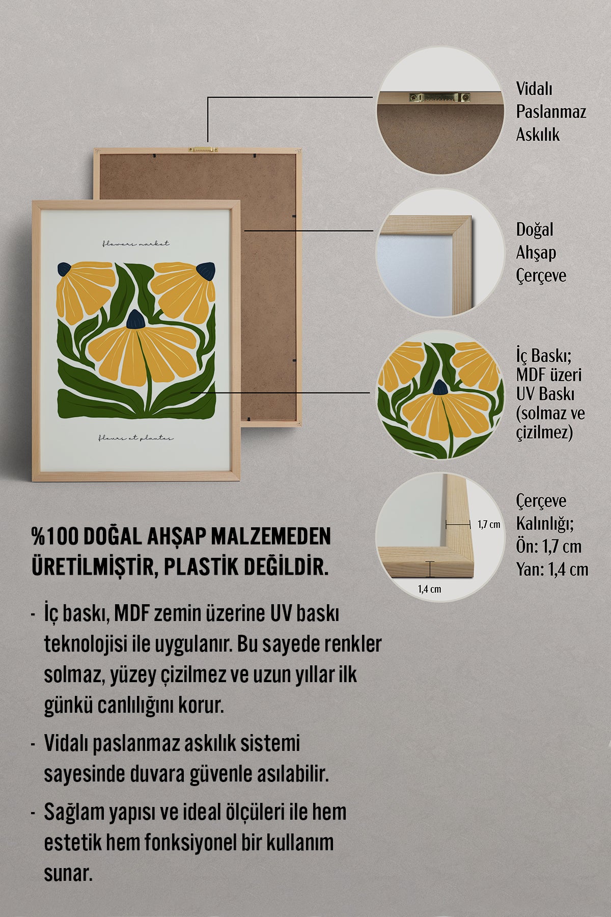 HOMEPACK Ahşap Çerçeveli Tablo Çerçeveli Poster Sanatsal Modern Duvar Dekoru FLOWER-211