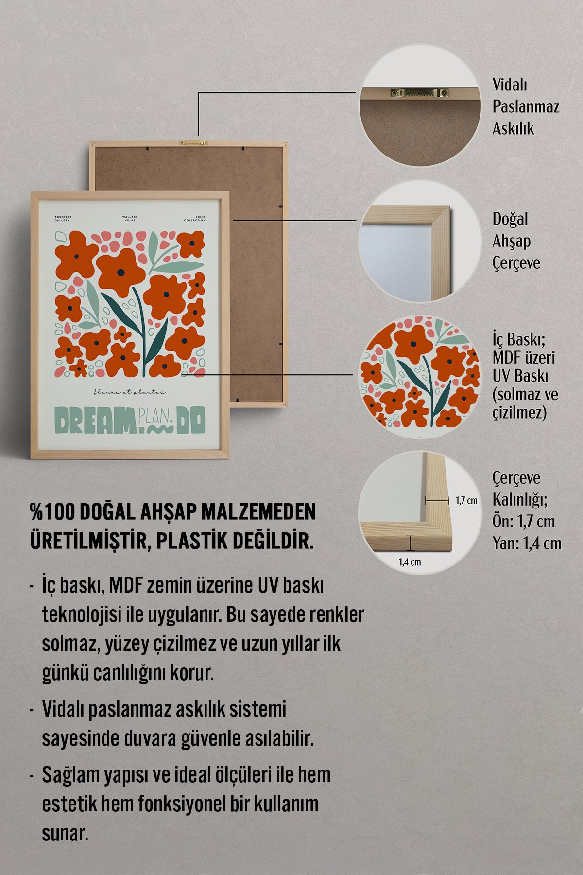 HOMEPACK Ahşap Çerçeveli Tablo Çerçeveli Poster Sanatsal Modern Duvar Dekoru FLOWER-216