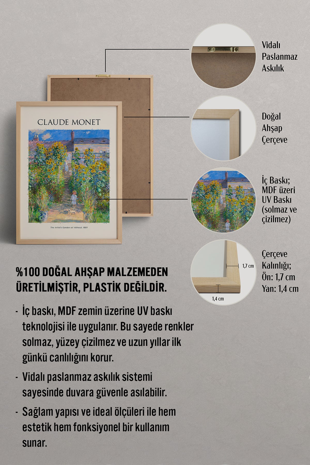 HOMEPACK Ahşap Çerçeveli Tablo Çerçeveli Poster Sanatsal Modern Duvar Dekoru MONET-03