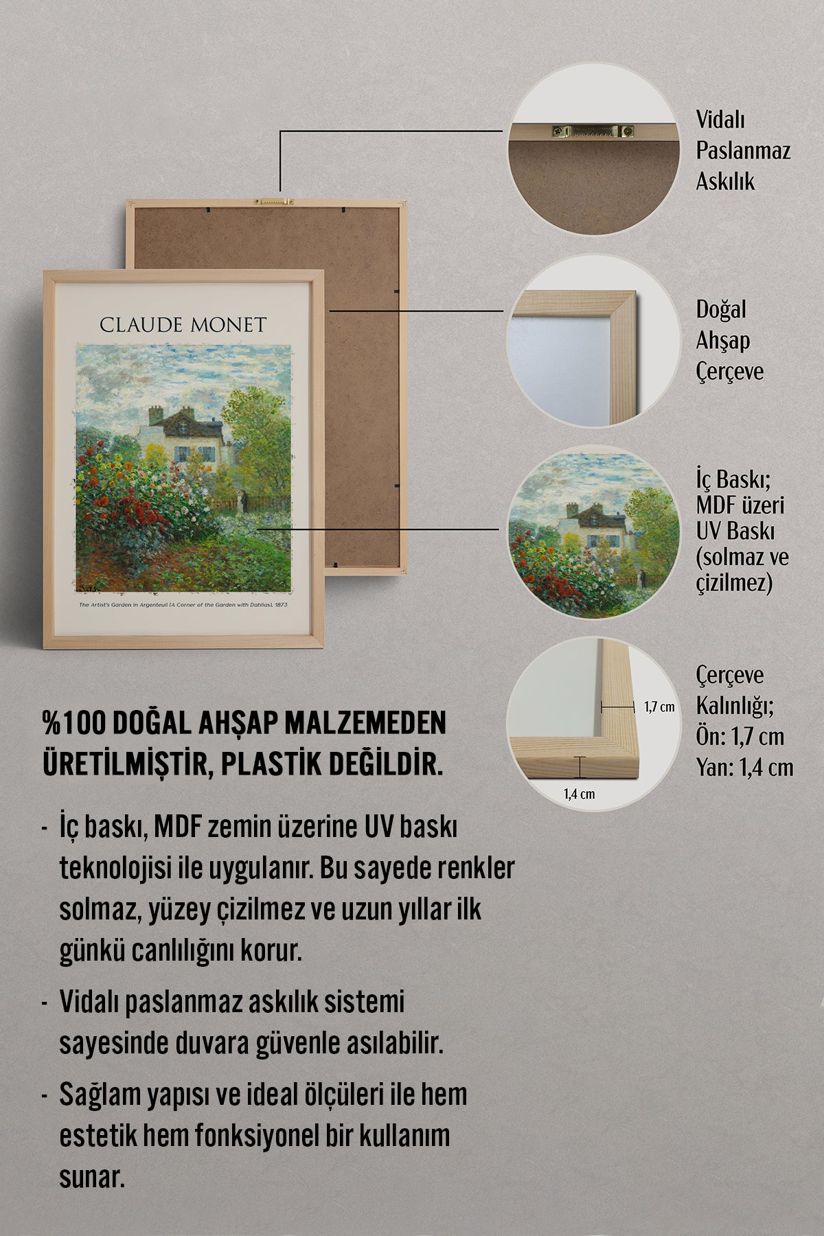 HOMEPACK Ahşap Çerçeveli Tablo Çerçeveli Poster Sanatsal Modern Duvar Dekoru MONET-07