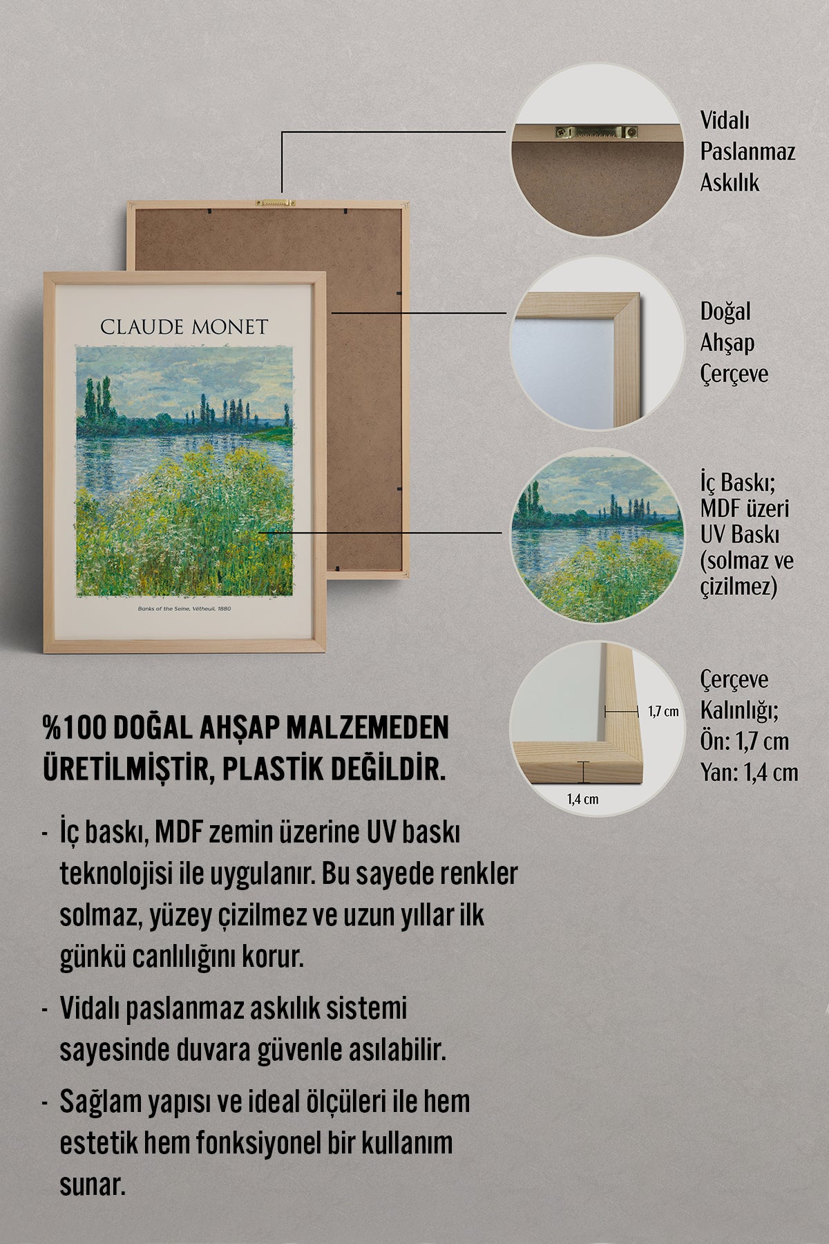 HOMEPACK Ahşap Çerçeveli Tablo Çerçeveli Poster Sanatsal Modern Duvar Dekoru MONET-08