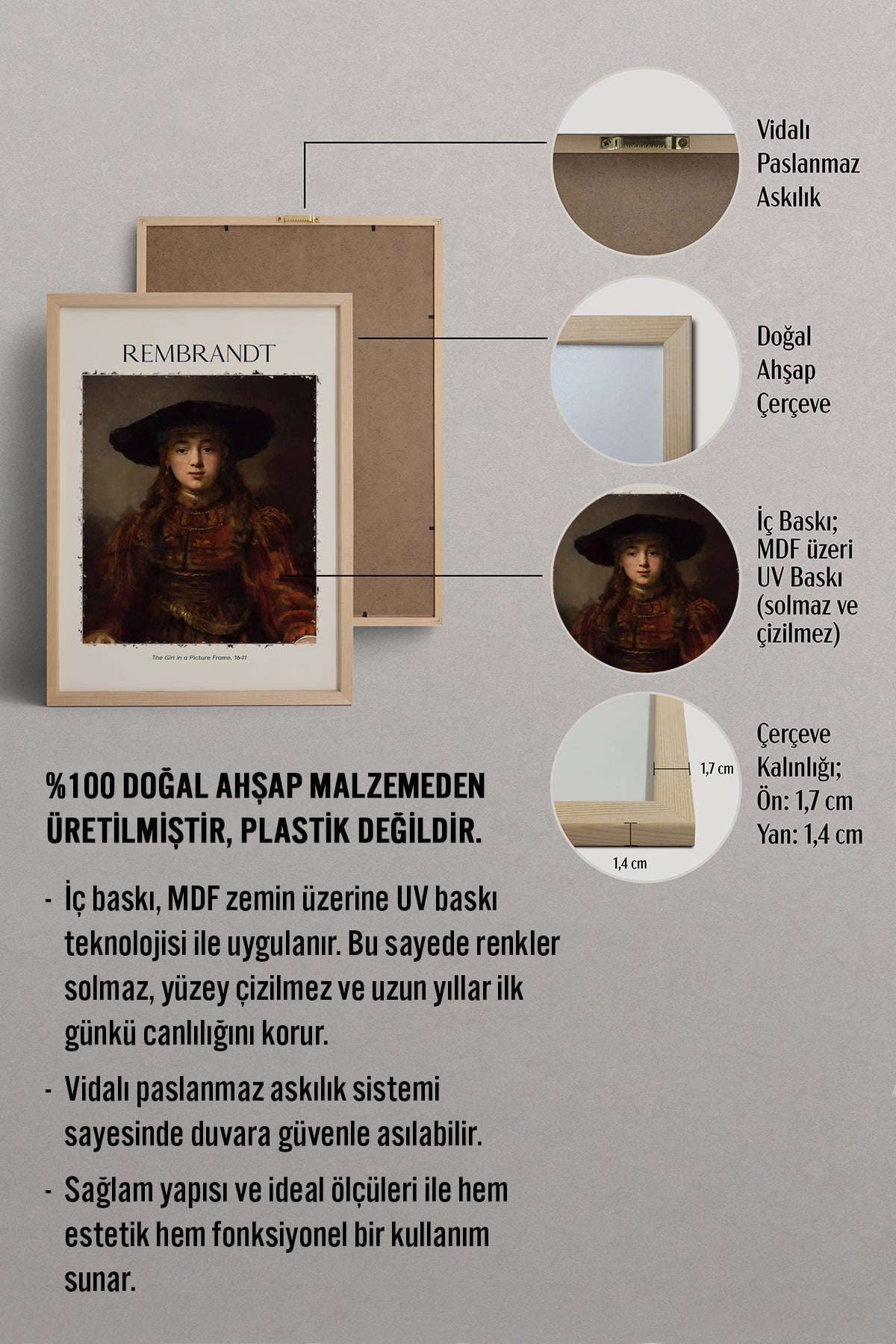 HOMEPACK Ahşap Çerçeveli Tablo Çerçeveli Poster Sanatsal Modern Duvar Dekoru REMBRANDT-08