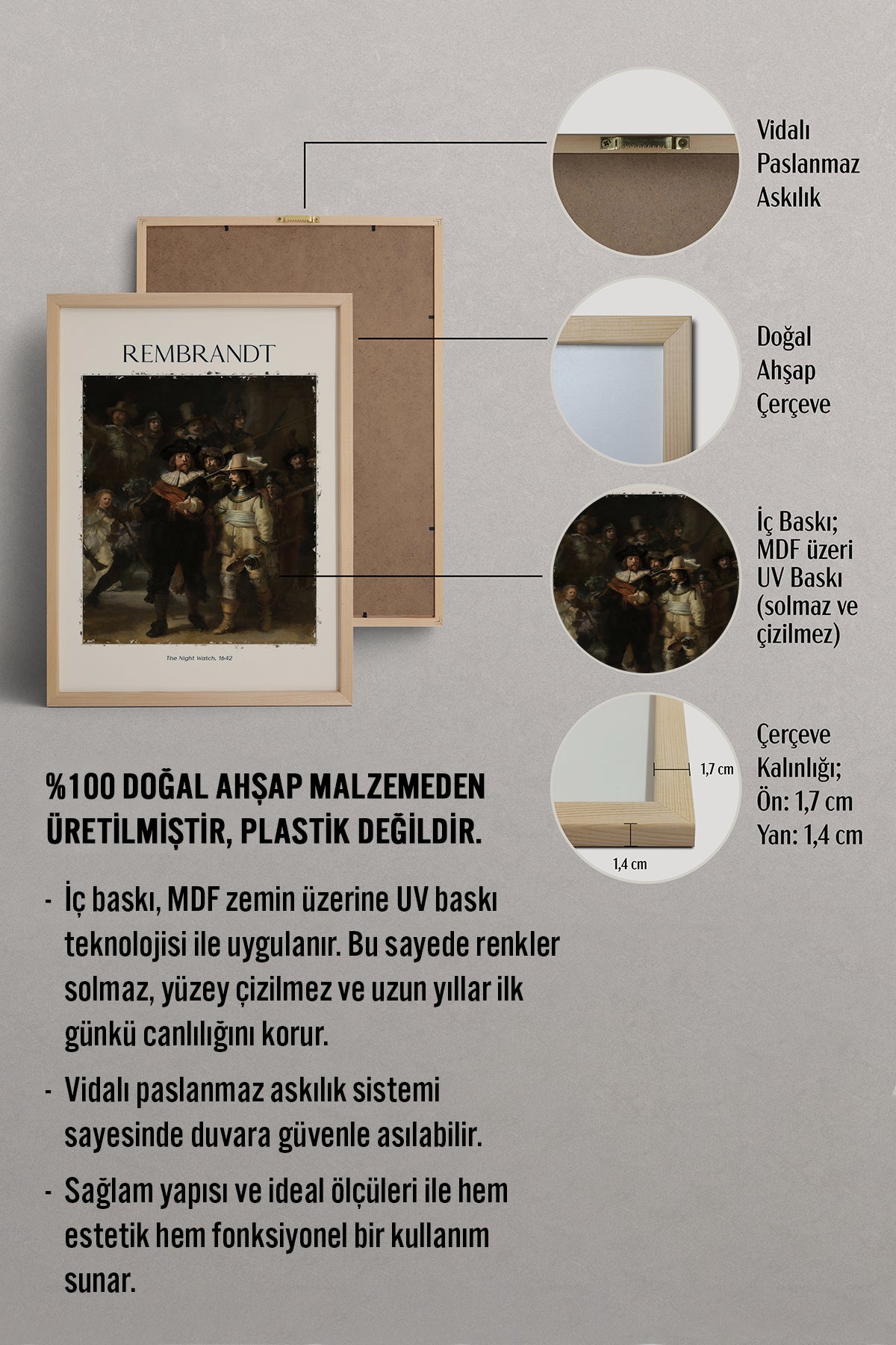 HOMEPACK Ahşap Çerçeveli Tablo Çerçeveli Poster Sanatsal Modern Duvar Dekoru REMBRANDT-09