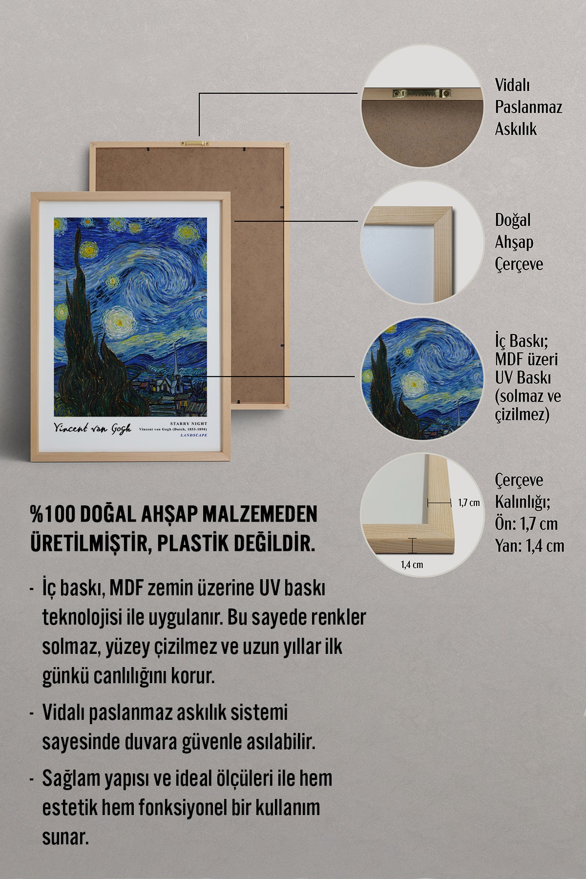 HOMEPACK Ahşap Çerçeveli Tablo Çerçeveli Poster Sanatsal Modern Duvar Dekoru VAN GOGH-01
